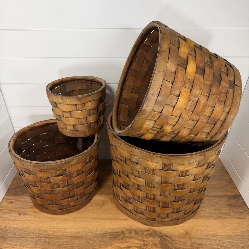 Antique S-XL Nesting Wood Splint Baskets *Flaws* Dark Woven Slats With Tacks